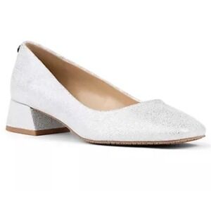 New NYDJ Teddie Leather Block Heel Squre Toe Pumps‎ Metallic Silver Foam Size 6